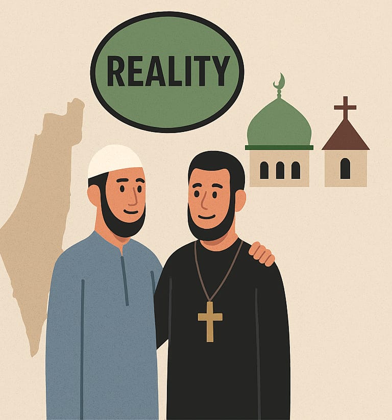 Illustration, detail: under a green 'Reality' label, a Muslim man and a Christian priest stand together beside a mosque and a church over a map of Palestine.
